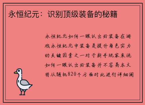 永恒纪元：识别顶级装备的秘籍